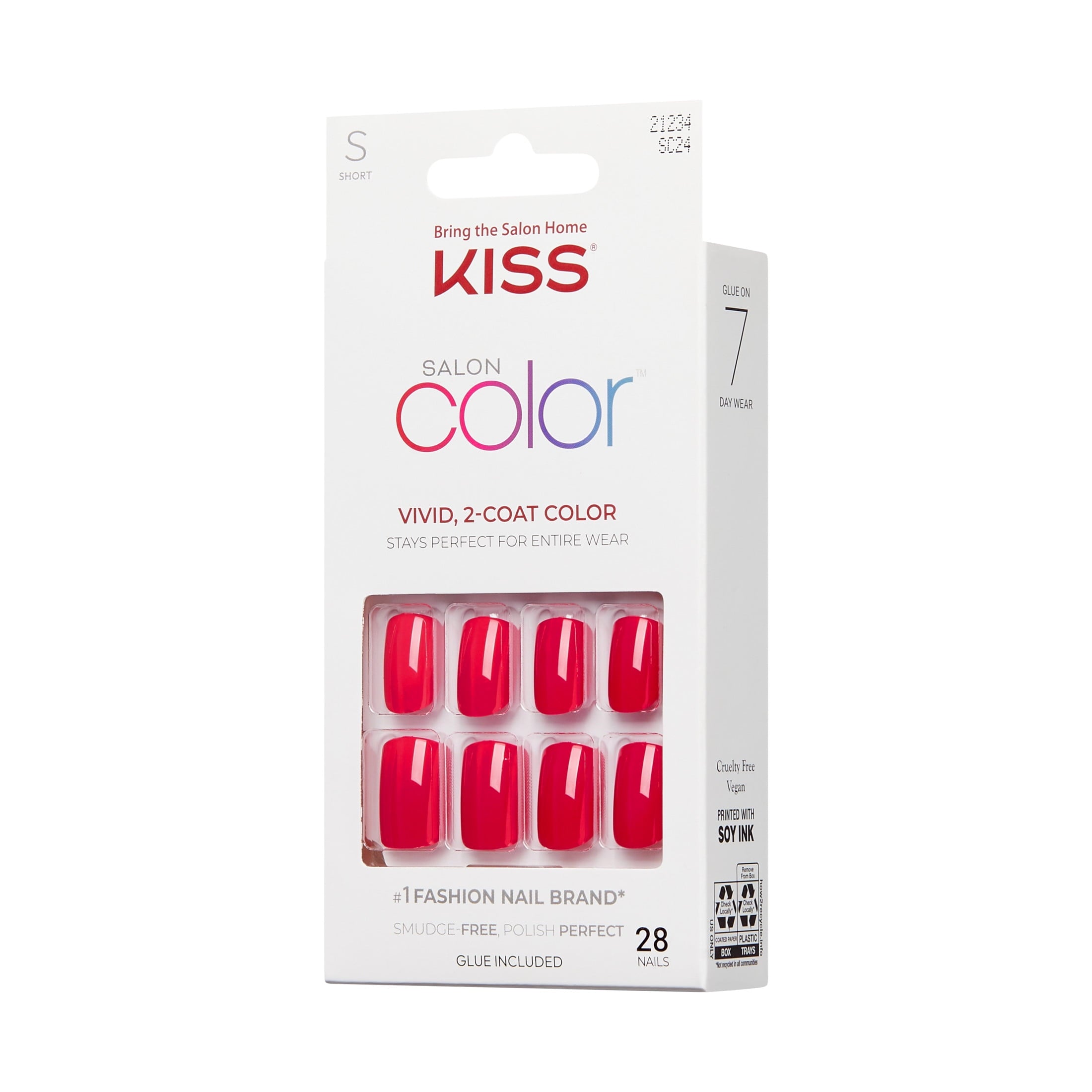 KISS Salon Color Press On Glue Nails , 'Truthful', Solid Red, Short Oval, 28 Count