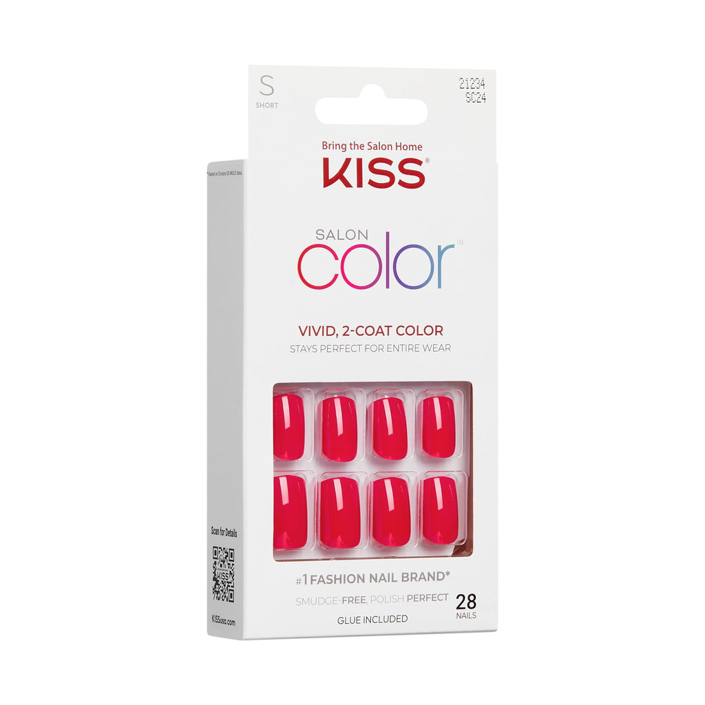 KISS Salon Color Press On Glue Nails , 'Truthful', Solid Red, Short Oval, 28 Count