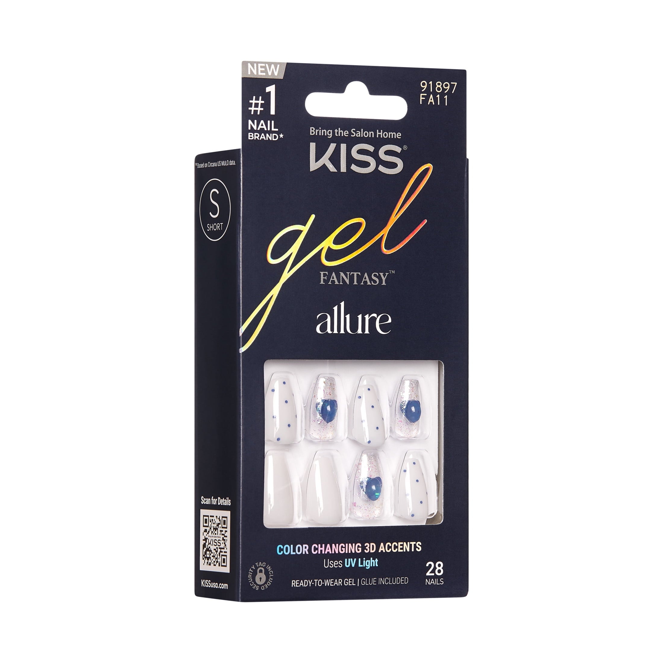 KISS Gel Fantasy Allure Press On Nails, Hottiest Thing, White, Short Coffin, 28 Count