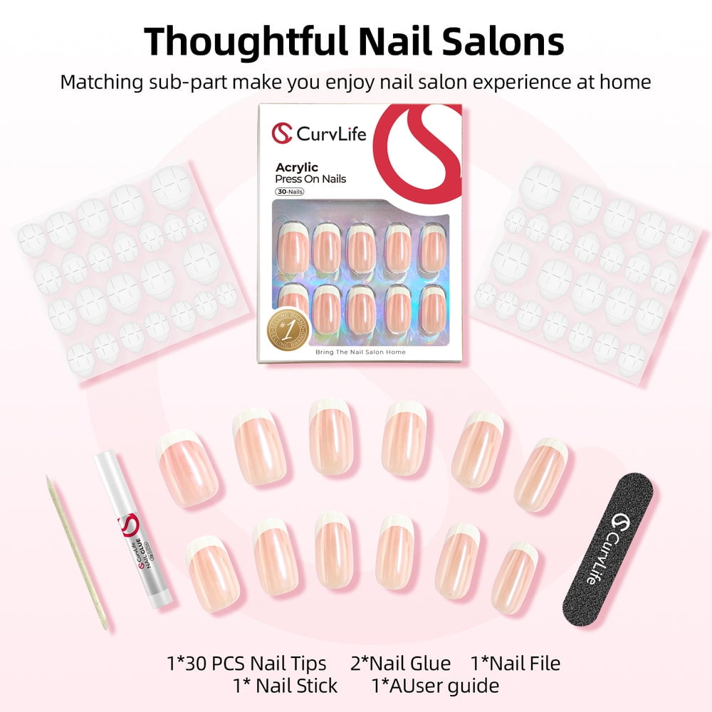 CurvLife Broad French Mirror Press-On Nails - 24PCS Medium Square, Non-Toxic & Reusable, Salon Quality