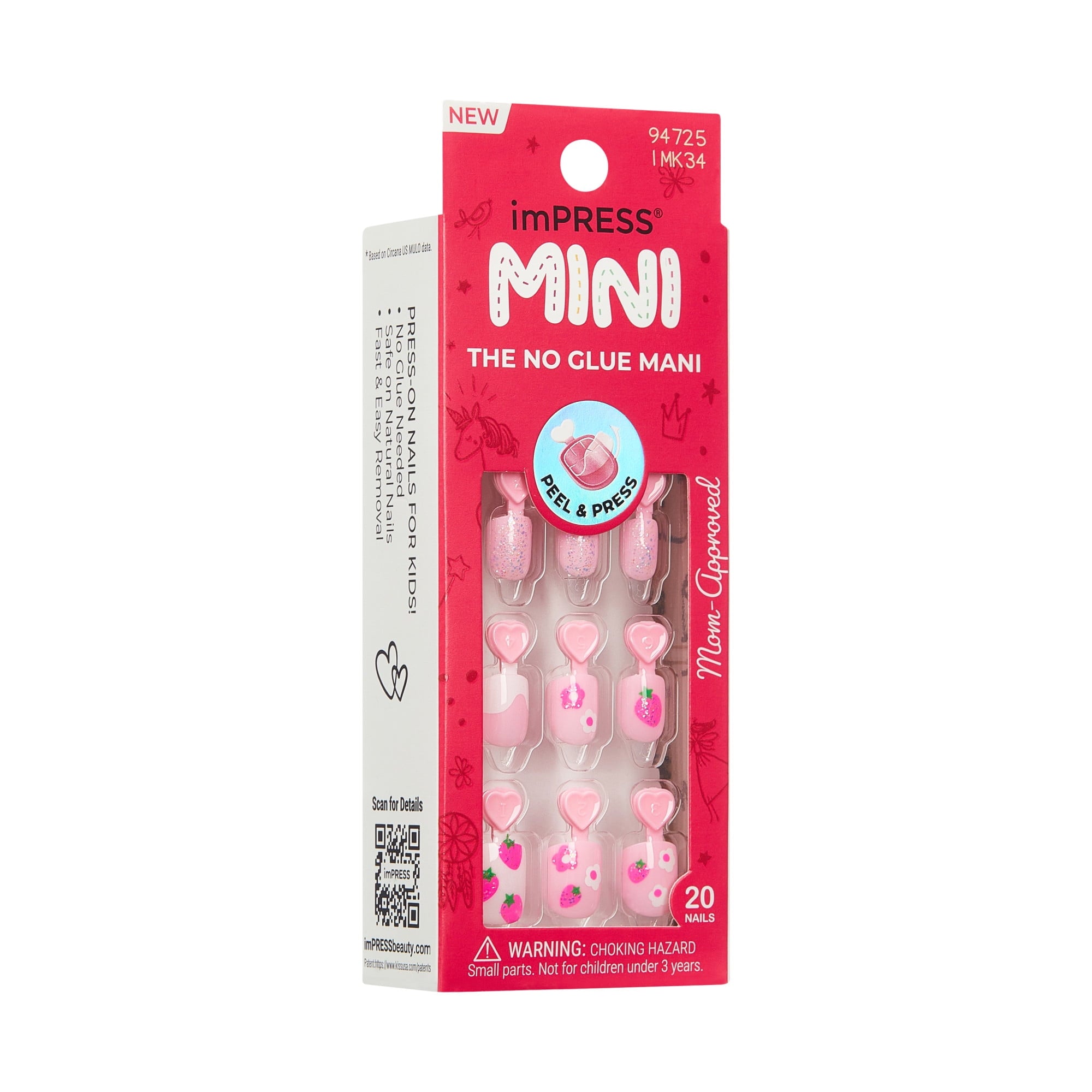 KISS imPRESS Kids  Press on Nails, Berry Cute, Pink, Kids Squoval, 20 Count