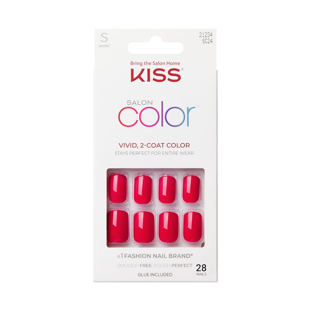 KISS Salon Color Press On Glue Nails , 'Truthful', Solid Red, Short Oval, 28 Count