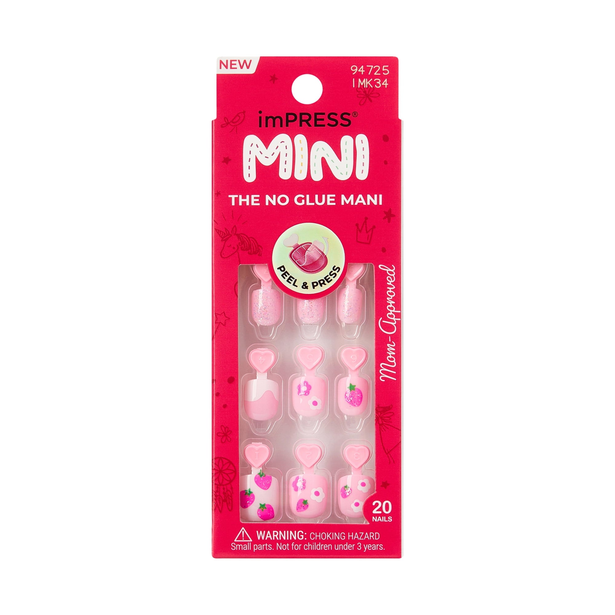 KISS imPRESS Kids  Press on Nails, Berry Cute, Pink, Kids Squoval, 20 Count