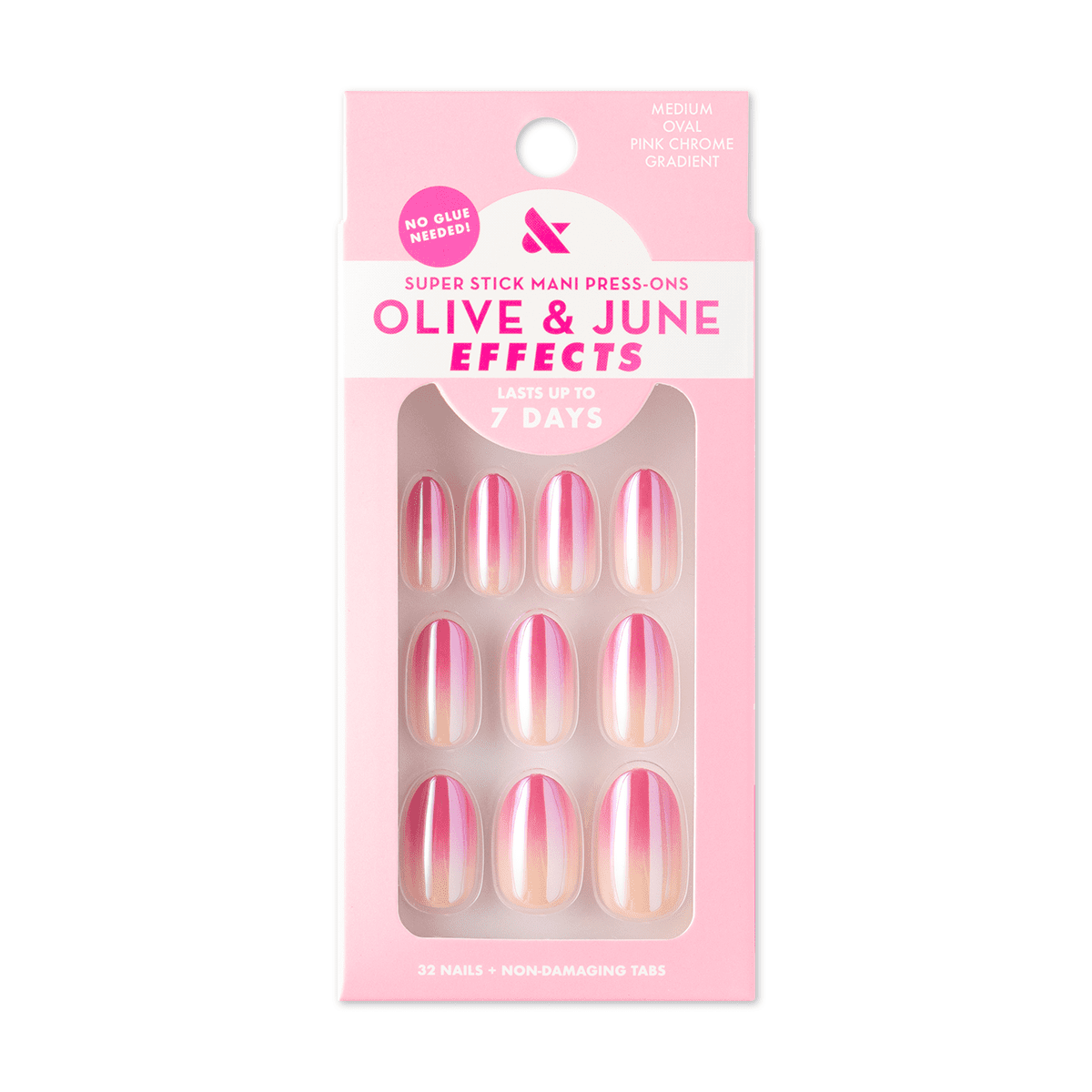 Olive & June Super Stick Mani Oval Medium Press-On Tabs, Pink Chrome Ombre, 32 Pieces