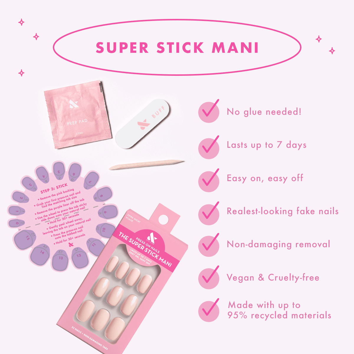 Olive & June Super Stick Mani Oval Medium Press-On Tabs, Pink Chrome Ombre, 32 Pieces