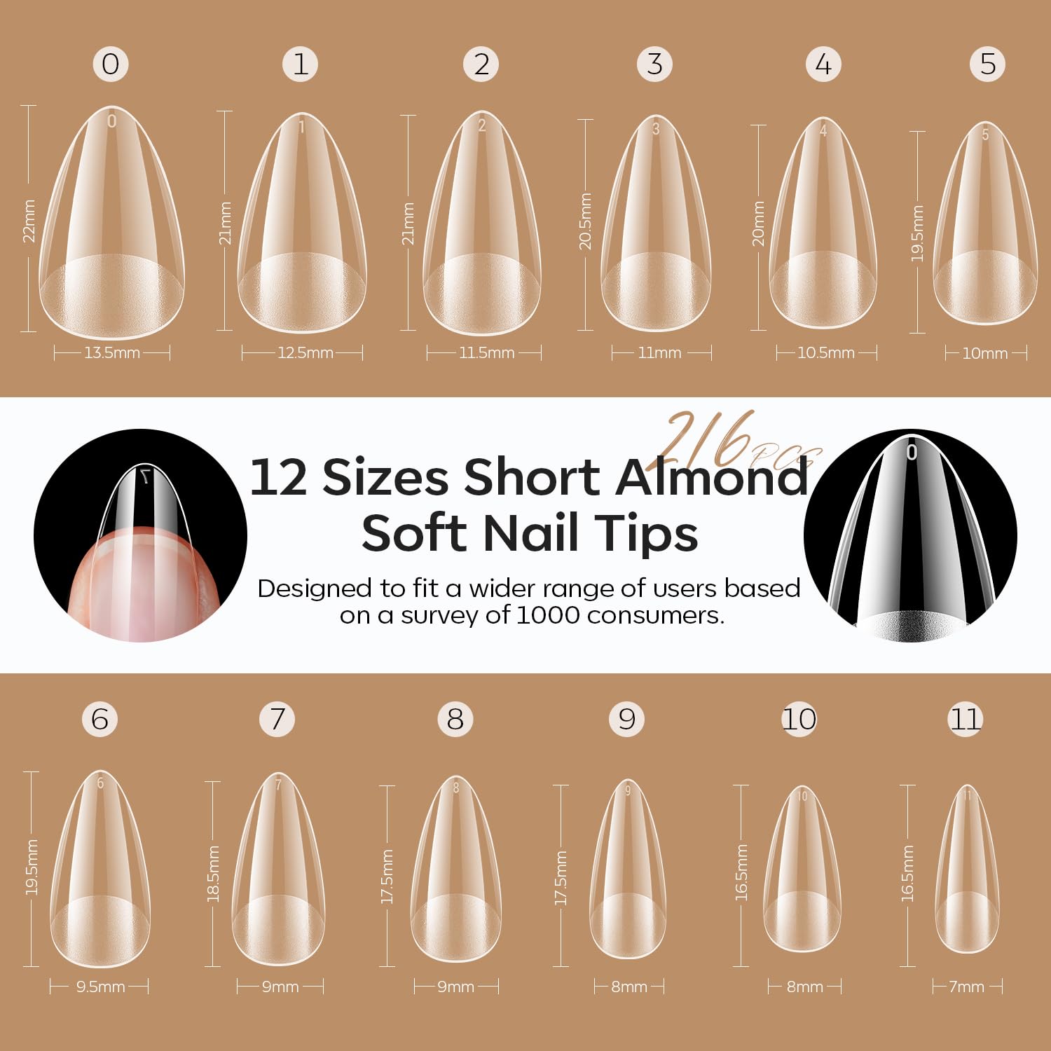 modelones Short Almond Nail Tips, Pre-shaped Gel x Nail Tips Full Cover Fake Nails Acrylic Nail Tips Nail Extension Press on Nails Gel x Nail Kit 216PCS 12Sizes