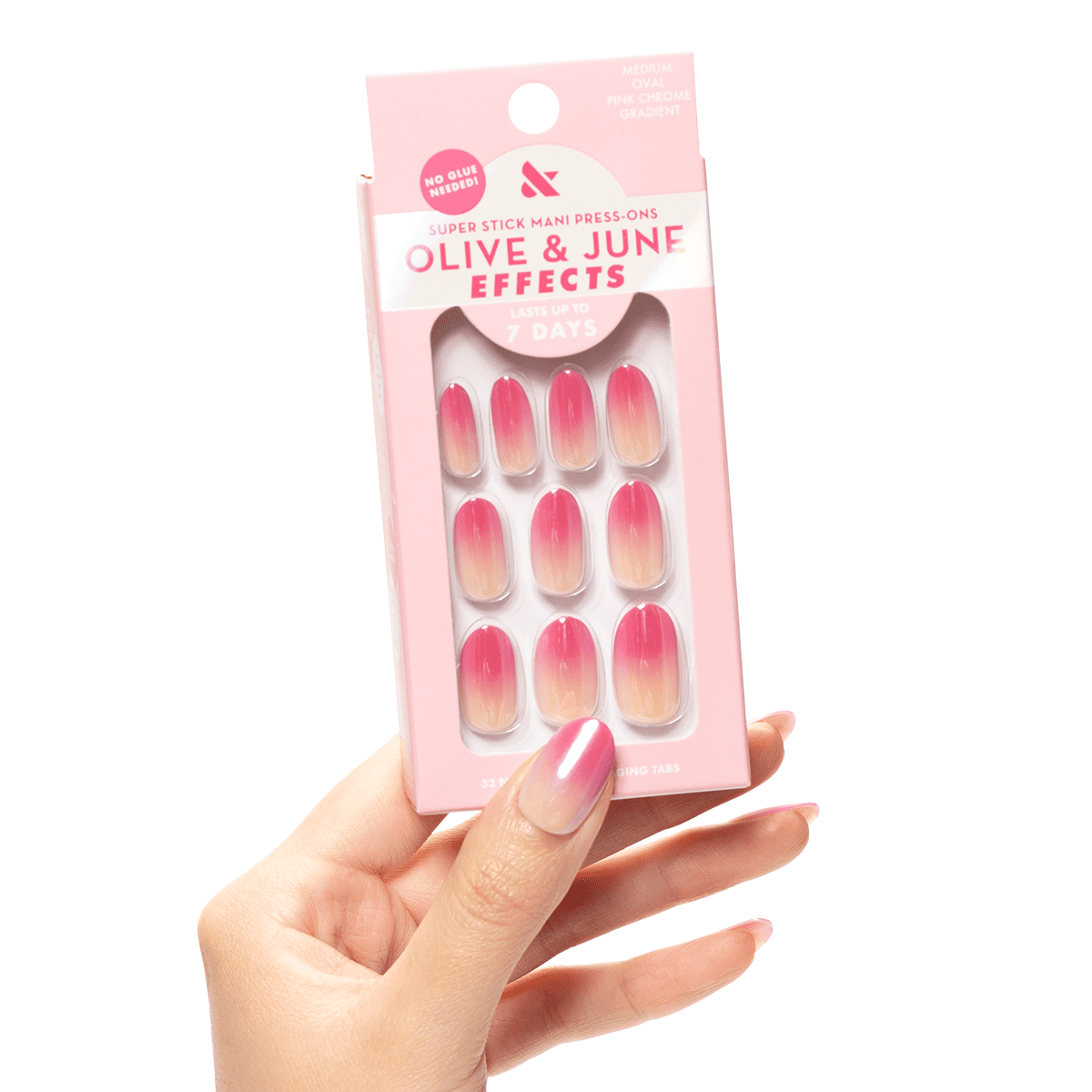 Olive & June Super Stick Mani Oval Medium Press-On Tabs, Pink Chrome Ombre, 32 Pieces