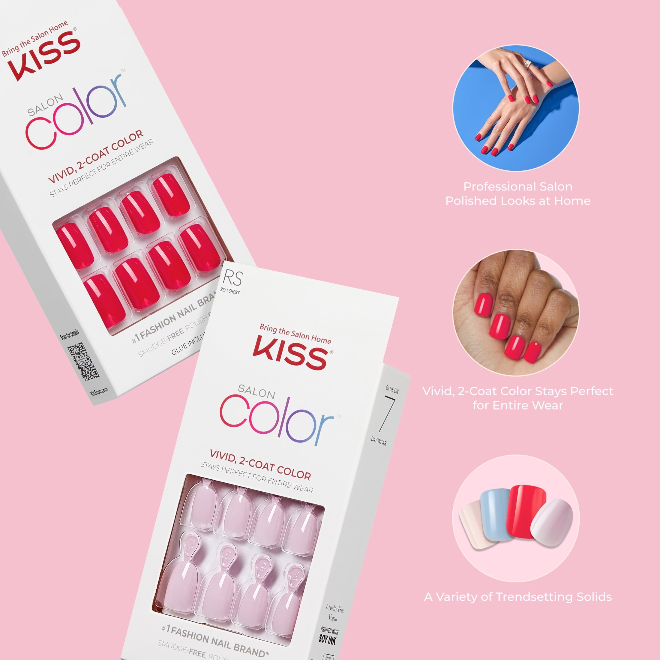 KISS Salon Color Press On Glue Nails , 'Truthful', Solid Red, Short Oval, 28 Count