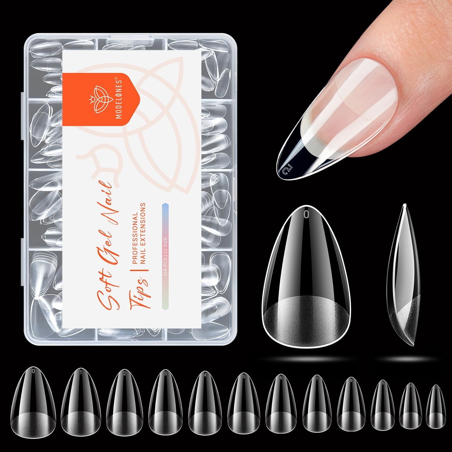 modelones Short Almond Nail Tips, Pre-shaped Gel x Nail Tips Full Cover Fake Nails Acrylic Nail Tips Nail Extension Press on Nails Gel x Nail Kit 216PCS 12Sizes